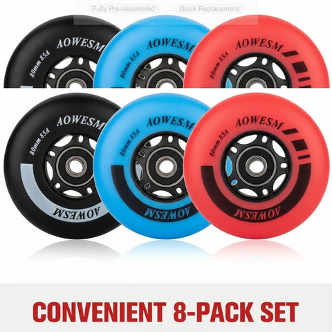 8 Pack Go To Inline Skate Wheels 72mm 76mm 80mm with ABEC 9 Bearings and Floating Spacers in black, blue, red, front view.