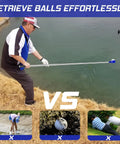 Man using telescopic 9 foot golf ball retriever with stainless steel shaft and unbreakable nylon head at pond