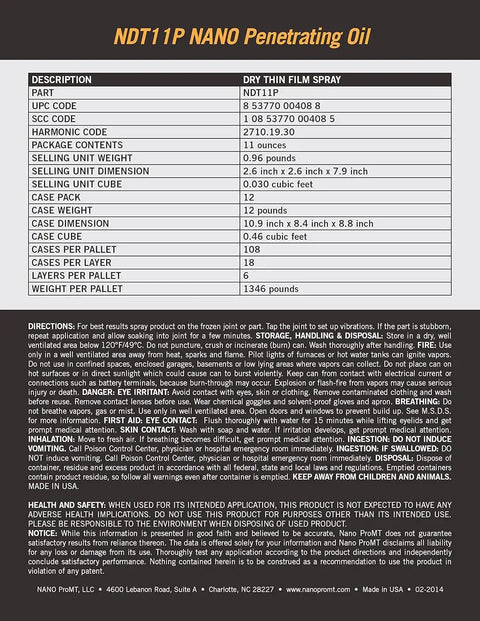 Back label of Fast Acting Penetrating Oil Spray 11 Oz For Rusted Bolts Nuts And Threads - Military Grade Lubricant With Nano Diamond Technology