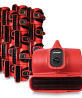 Solid 1/3 HP Centrifugal Air Mover And Carpet Dryer Floor Fan Utility Blower For Auto Shops Basements shown in red, includes multiple units.