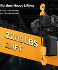Shop Ready Electric Chain Hoist With 2200 Lb Capacity, 20 Ft Lift Height, shown in a warehouse setting.