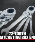 Close-up of 72-tooth box end from 7-Piece SAE Flex Reversible 72-Tooth Ratchet Set With Chrome Finish, showing flex head detail.