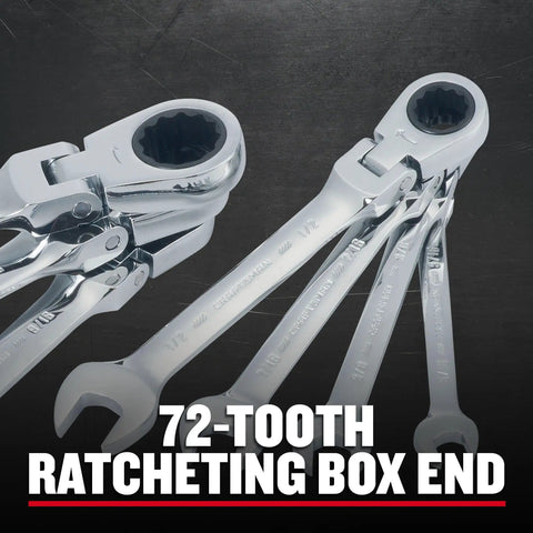 Close-up of 72-tooth box end from 7-Piece SAE Flex Reversible 72-Tooth Ratchet Set With Chrome Finish, showing flex head detail.