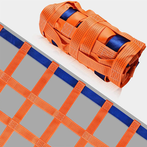 Heavy Duty Cargo Net For Trucks And Pallets Flat Nylon Webbing Sling Hoist Net rolled and unrolled view