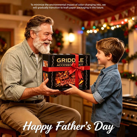 Father receiving Griddle Accessories Kit For Blackstone Griddles, 28 Piece Hibachi Tools Set, gift from son on Father's Day