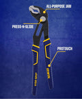GrooveLock Pliers Set 8 Piece With Press And Slide Quick Adjust Non Slip Anti Pinch ProTouch Grips with labeled features