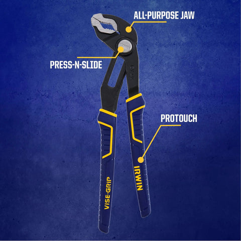 GrooveLock Pliers Set 8 Piece With Press And Slide Quick Adjust Non Slip Anti Pinch ProTouch Grips with labeled features