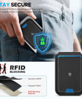 Person inserting Genuine Leather Magnetic Wallet for MagSafe with Stand, showcasing RFID blocking feature.