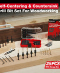 Badass 25 Piece Countersink Drill Bit Set With Self Centering Bits And Wood Plug Cutters For Straight Forward DIY Builds and tank like hardware jobs in a displayed storage case.