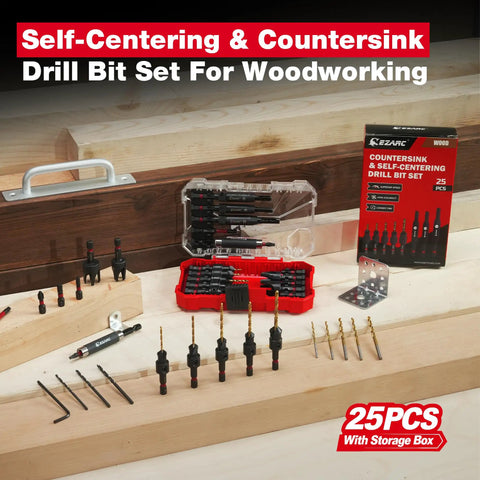 Badass 25 Piece Countersink Drill Bit Set With Self Centering Bits And Wood Plug Cutters For Straight Forward DIY Builds and tank like hardware jobs in a displayed storage case.