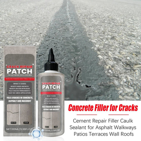 Super Durable Knockout Performance Concrete Crack Filler Waterproof Sealant That Sets Quick And Moves With The Shifts To Block Rain And Ice For Any Weekend Warrior Project, showing application on a cracked concrete surface.