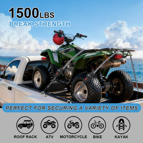 Retractable Ratchet Straps 12Ft Auto Rewind Cargo Tie Down Straps securing ATV on truck with sea view.