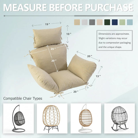 Weatherproof Egg Chair Cushion With 8 Secure Straps Water Repellent Faux Linen Cover Removable And Machine Washable Fade Resistant Replacement Pad For Outdoor Single Hanging Swing Chairs Nature, shown with dimensions and color options.