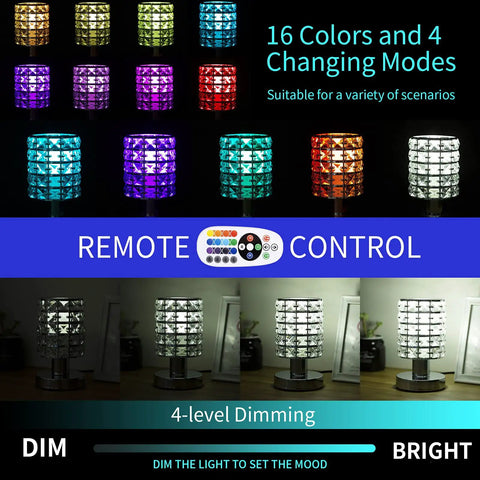 Crystal Table Desk Lamp With Remote, 16 Color Changing RGB LED Nightstand Light showcasing color options and brightness levels