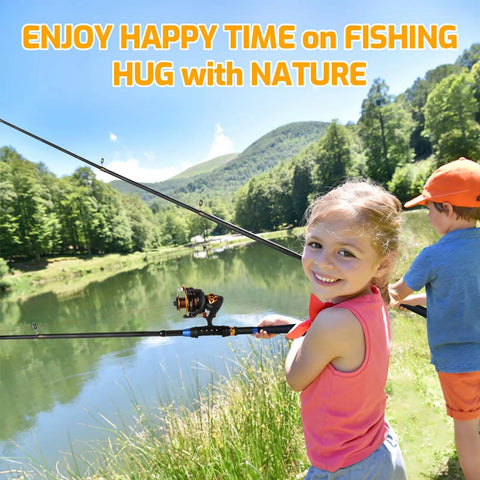 Children fishing at a lake with the All In One Kids Fishing Pole Set With Telescopic Rod And Spincast Reel For Beginners.
