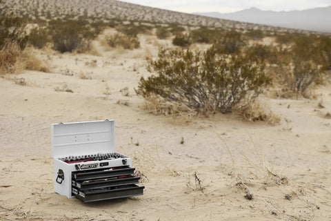 Heavy Duty 3 Drawer Steel Tool Box With Locking System, Portable Hand Carry Toolbox for mechanics, in desert landscape