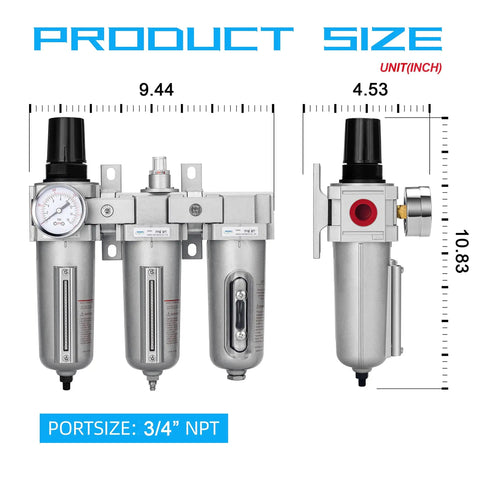 Dimensions of Heavy Duty Three Stage 3/4 Inch NPT Air Drying System With Particulate Filter Coalescing Filter Desiccant Dryer And Air Regulator Metal Bowl Auto Drain Pro Grade For Paint Spray And Plasma Cutter