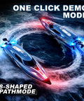 Fast 25 KPH RC Speed Boat For Kids With LED Lights and demo mode, showing 8-shaped path on water during race.