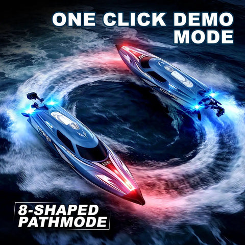 Fast 25 KPH RC Speed Boat For Kids With LED Lights and demo mode, showing 8-shaped path on water during race.