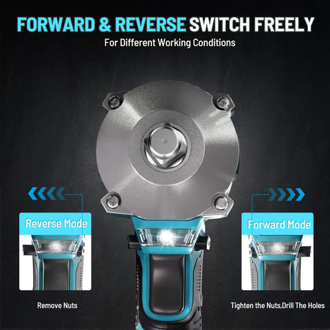 450 Nm Brushless Cordless Impact Wrench One Half Inch Drive With 4.0 Ah Battery And Four Sockets Beast Power For Cars DIY Projects Furniture Lawn Mower Blue, forward/reverse switch