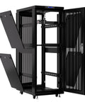 Top Tier Pro Rig 42U Server Rack Cabinet With Rolling Casters Secure Locking Doors Built In LCD Screen and open doors.