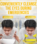 Comparison of man using sink vs. Eye Wash Station With Free Eye Wash Sign Wall Mounted Stainless Steel Eye Wash Station With Dual Spray Heads Emergency Eyewash Station Hands Free Operation First Aid For Eyes Yellow