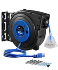 Retractable Extension Cord Reel With 45 Ft 12 Gauge SJTOW Cord 3 Grounded Outlets Lighted Triple Tap 15 Amp Circuit Breaker UL Listed Heavy Duty Power Reel For Garage Workshop Studio Blue