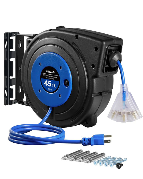 Retractable Extension Cord Reel With 45 Ft 12 Gauge SJTOW Cord 3 Grounded Outlets Lighted Triple Tap 15 Amp Circuit Breaker UL Listed Heavy Duty Power Reel For Garage Workshop Studio Blue