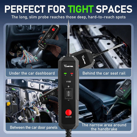 Heavy Duty V100 Auto Voltage Tester Pro For Cars And Trucks To Check Circuits Continuity Ground Polarity Plus One Way Overload Safe Power Probe Tool in tight spaces, under dashboard and between panels.