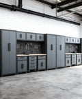 Heavy Duty Steel Garage Storage Cabinet Setup 18PC Modular Workshop Rig featuring tight rolling drawers and lockers in a spacious garage.