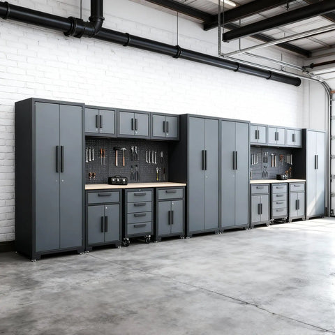 Heavy Duty Steel Garage Storage Cabinet Setup 18PC Modular Workshop Rig featuring tight rolling drawers and lockers in a spacious garage.