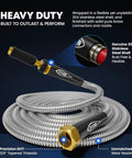 Heavy Duty Metal Garden Hose 100 Ft With 304 Stainless Steel Shell Flexible No Kink Water Hose Lightweight Yet Durable With Crush Resistant Fittings Easy Coil Design And 500 PSI Capacity For Serious Yard Work shown coiled with brass fittings.