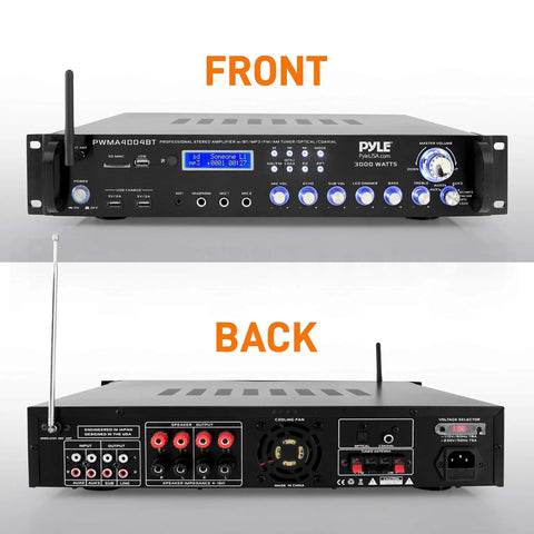 Front and back view of Bluetooth Multi Channel Hybrid Pre Amplifier System With 3000W Power Home Audio Rack Mount Stereo Receiver