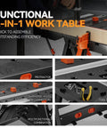 Solid 2 In 1 Folding Workbench And Sawhorse Hybrid with protractor, ruler, tool tray, and clamp connectors for efficient assembly.