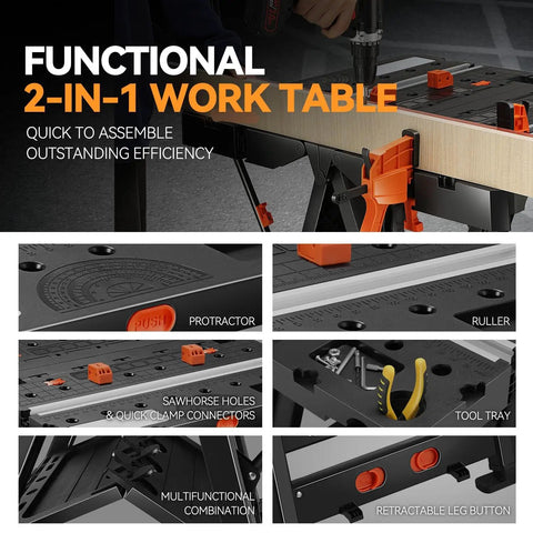 Solid 2 In 1 Folding Workbench And Sawhorse Hybrid with protractor, ruler, tool tray, and clamp connectors for efficient assembly.