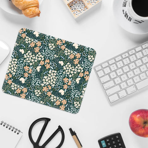 Cute Floral Mouse Pad With Stitched Edges, Non Slip Rubber Base, 9.25 By 7.75 Inch Desk Pad For Home Office, on white desk