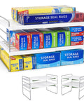 Expandable Kitchen Wrap Box Organizer Rack With Custom Adjustable Width And Height For Foil Paper Towel Storage In Pantry Cabinet Or Counter, featuring various storage bags.