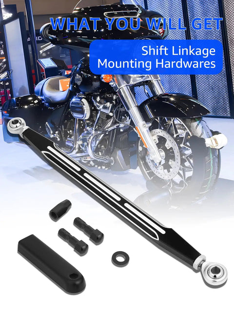 Harley Touring Shifter Linkage For 1986 To 2024 Models Gear Shift Upgrade For Street Glide Electra Glide Road Glide Road King Tri Glide Softail Dyna Easy Smooth Shifts And Durable Aftermarket Replacement Fits Most Touring Bikes. Black aluminum shift linkage with mounting hardware