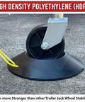 Improved Unbreakable Wheel Dock With Rope Handle For Trailers, heavy duty stabilizer preventing sinking, shown on concrete.