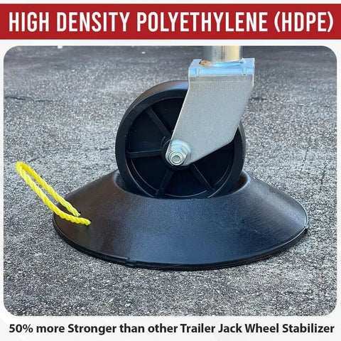 Improved Unbreakable Wheel Dock With Rope Handle For Trailers, heavy duty stabilizer preventing sinking, shown on concrete.