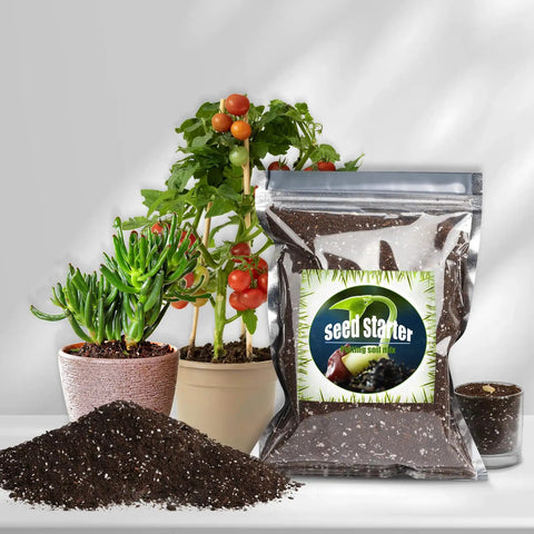 Organic Seed Starter Mix For Fast Germination And Strong Root Systems, Premium Potting Soil 1 Quart with plants and bag