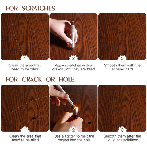 Instructions for using Solid Wood Filler Sticks And Furniture Wax Crayons For A No Sweat Scratch Fix Touch Up Kit.