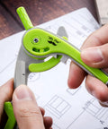 Close-up of hands using Geometry Compass And Protractor Set For Math And Drafting, 6 Inch Compass With Protective Case, Green Color.