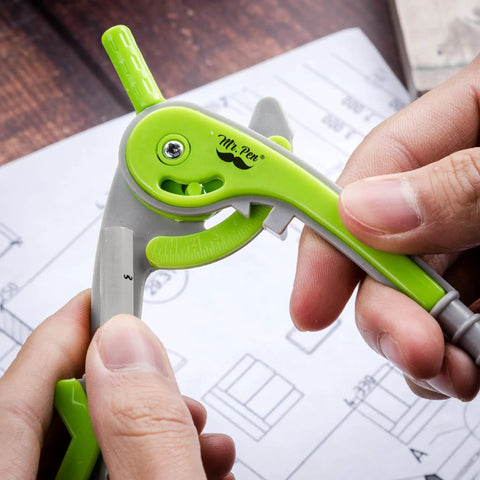 Close-up of hands using Geometry Compass And Protractor Set For Math And Drafting, 6 Inch Compass With Protective Case, Green Color.