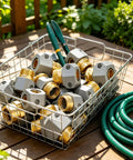 Premium Garden Hose Repair Kit With Extra Aluminum Connectors And Stainless Steel Clamps For 3/4 And 5/8 Inch Water Hoses That Stop Leaks Fast And Keep Your Outdoor Setup Running Smooth All Summer Long Without Breaking The Bank Or Dealing With Flimsy. Basket of brass and aluminum hose repair fittings with clamp tools on a deck.