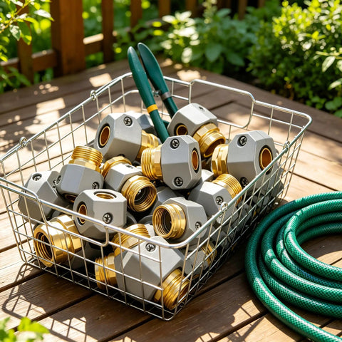 Premium Garden Hose Repair Kit With Extra Aluminum Connectors And Stainless Steel Clamps For 3/4 And 5/8 Inch Water Hoses That Stop Leaks Fast And Keep Your Outdoor Setup Running Smooth All Summer Long Without Breaking The Bank Or Dealing With Flimsy. Basket of brass and aluminum hose repair fittings with clamp tools on a deck.