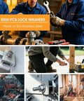 Massive 1000 Pieces Spring Lock Washers Set In 304 Stainless Steel Nine SAE Sizes From M2 To M12 Split Lock Washers For Screws And Bolts Corrosion Resistant DIY Auto Marine Hardware Kit, shown in industrial and home repair use
