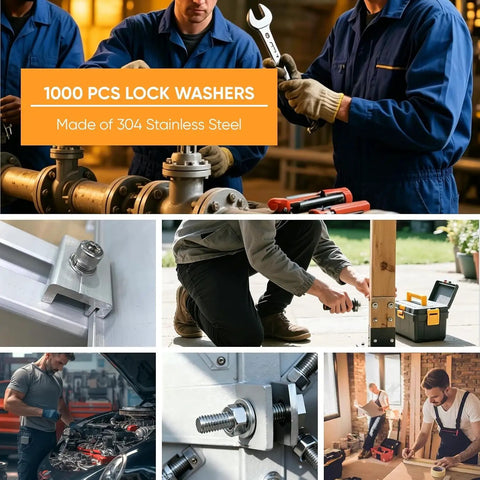 Massive 1000 Pieces Spring Lock Washers Set In 304 Stainless Steel Nine SAE Sizes From M2 To M12 Split Lock Washers For Screws And Bolts Corrosion Resistant DIY Auto Marine Hardware Kit, shown in industrial and home repair use