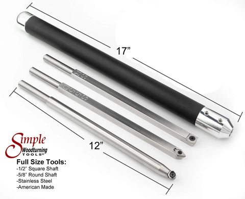 Three-piece set of full-size carbide woodturning lathe tools; front view with foam-grip handle, USA-made, stainless