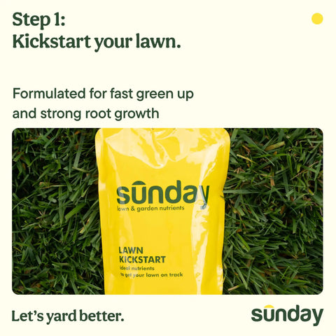 Close-up of Lawn Kickstart bag from Complete Seasonal Lawn Care Kit With a 4 Month Feeding System on grass